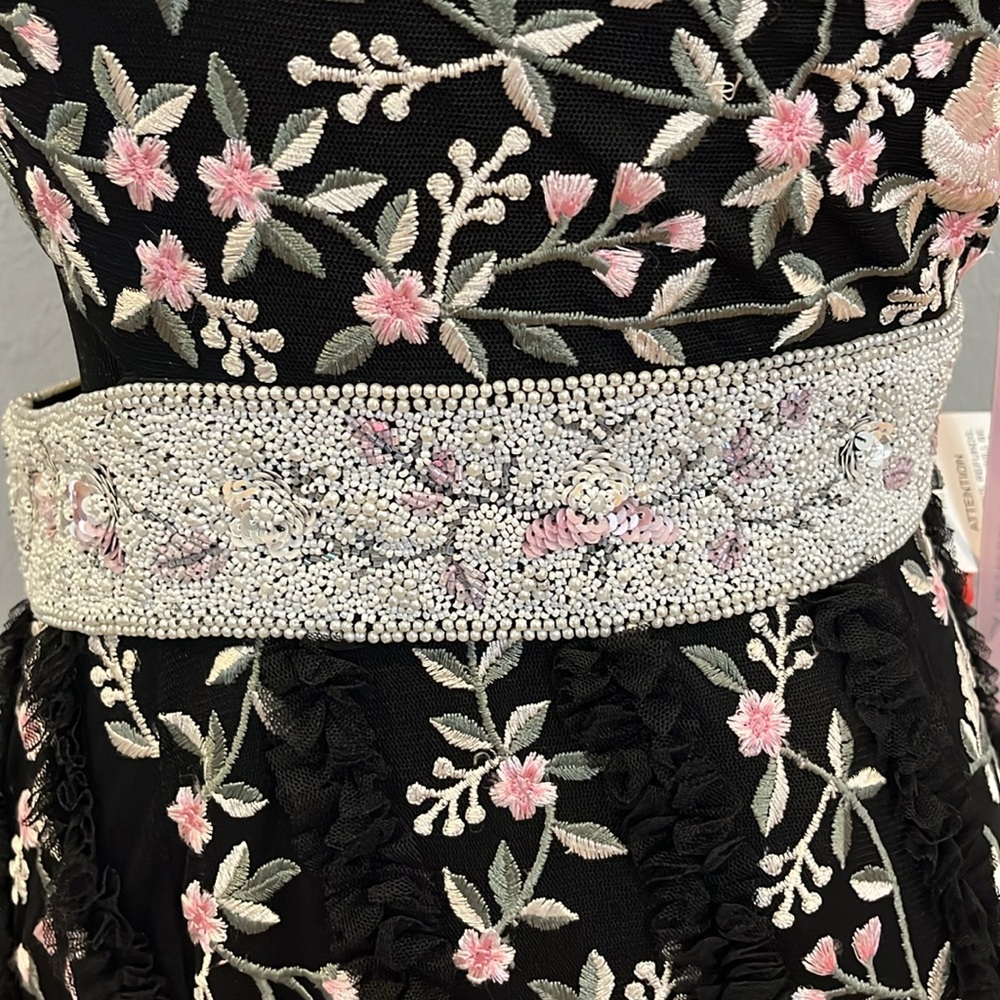 Mac Duggal Embroidered Ruffled One Shoulder Lace Up Gown Black Multi Size - Picture 9 of 17